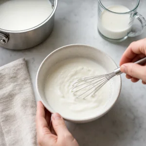 Warm milk whisked into live yogurt starter until smooth