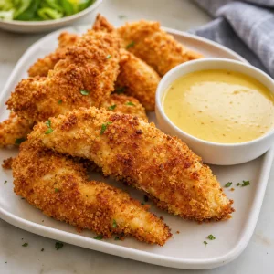 Crispy chicken tenders rested and served with creamy honey mustard sauce