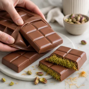 Barras de chocolate de Dubai com pistache e knafeh finalizadas, desenformadas e partidas para mostrar o recheio