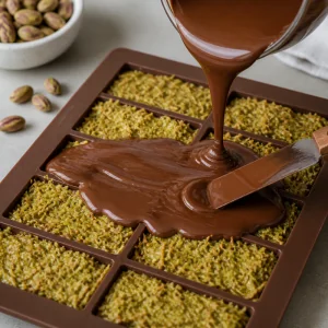 Chocolate derretido espalhado sobre o recheio de pistache e kataifi para selar as barras