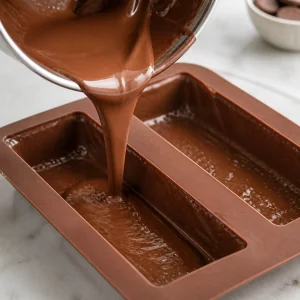 Chocolate ao leite derretido colocado em moldes de silicone para cobrir fundo e laterais