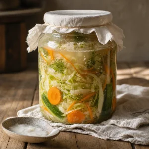 Przykryty sloik fermentujacych warzyw z metna, buzujaca solanka