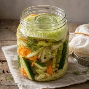 Fermentujace warzywa utrzymywane pod solanka lisciem kapusty