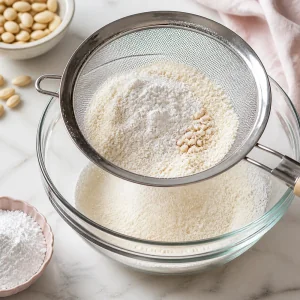 Almond flour and powdered sugar being sifted into a mixing bowl for macaron shells.