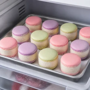 Assembled macaron ice cream sandwiches arranged on a tray before freezing.