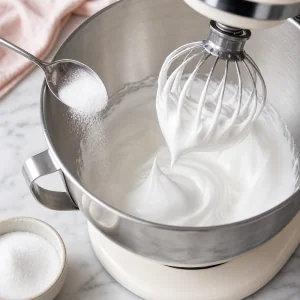 Glossy stiff meringue peaks forming as sugar is added for French macarons.