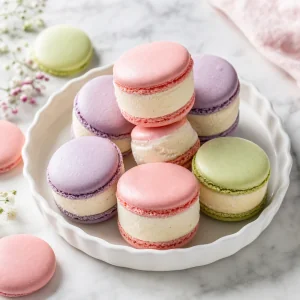 Homemade French macaron ice cream sandwiches with pastel shells and creamy vanilla ice cream centers on a marble surface.