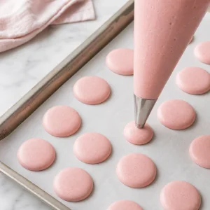 Macaron batter piped into neat circles on a parchment-lined baking sheet.