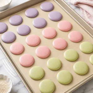 Piped macaron shells resting on a baking sheet until a dry skin forms.
