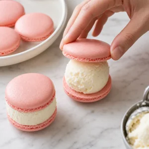 Vanilla ice cream placed between two macaron shells to make an ice cream sandwich.