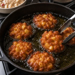 Apple fritters frying until deep golden brown with crisp craggy edges.