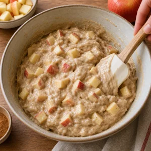 Chopped apples folded into thick cinnamon fritter batter with a spatula.