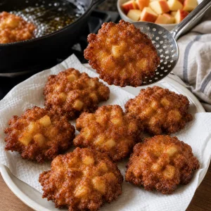 Freshly fried apple fritters draining on a paper towel-lined plate.