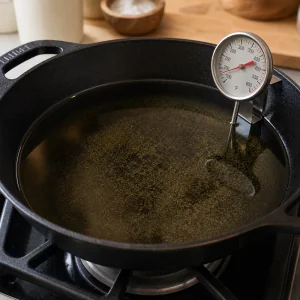 Frying oil heating in a heavy pan with a thermometer near 350°F.
