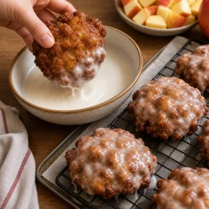 Warm apple fritter dipped in glaze before setting on a wire rack.