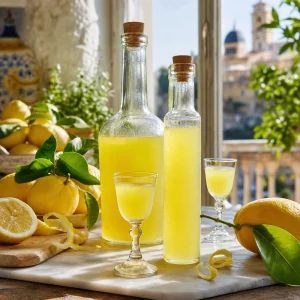 Finished homemade Italian limoncello in clear bottles with fresh lemons