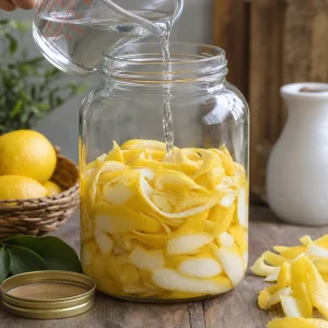 Lemon peels covered with clear alcohol in a large sealed glass jar