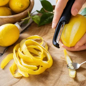 Long yellow lemon zest strips peeled with minimal white pith for limoncello