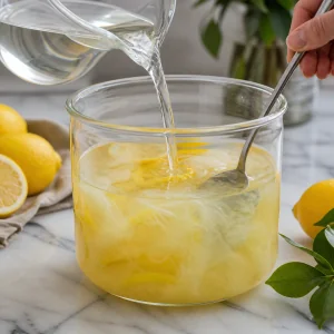 Simple syrup poured into lemon alcohol as the limoncello turns cloudy