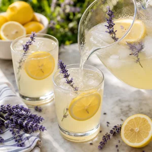Lavender lemonade served over ice with lemon slices