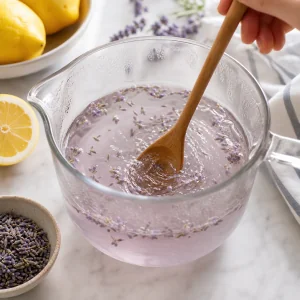 Sugar stirred into hot lavender water