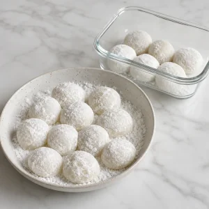 Morceaux de mochi finis enrobes de fecule pres d une boite hermetique