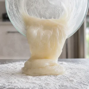 Pate de mochi chaude et brillante versee sur la surface saupoudree de fecule