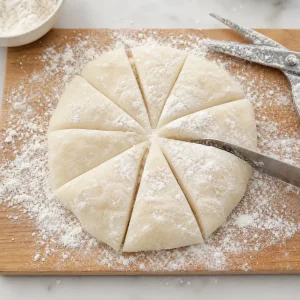 Pate de mochi coupee en douze morceaux egaux sur une planche saupoudree de fecule