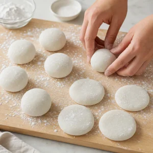 Morceaux de mochi faconnes en boules lisses et petits disques sur une planche farinee