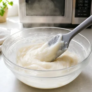 Melange de mochi partiellement cuit remue apres la premiere cuisson au micro-ondes
