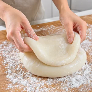Mains poudrees de fecule etirant et pliant la pate de mochi tiede