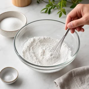 Farine de riz gluant sucre et sel melanges dans un bol compatible micro-ondes