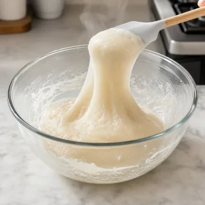 Pate de mochi cuite translucide se detachant du bol avec une spatule