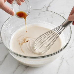 Eau et vanille incorporees a la farine de riz gluant jusqu a consistance lisse