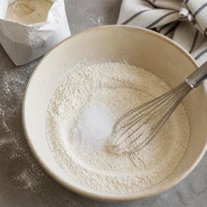 Bread flour and kosher salt whisked in a mixing bowl