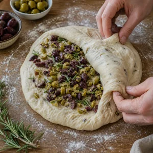 Chopped olives and rosemary folded into fougasse dough