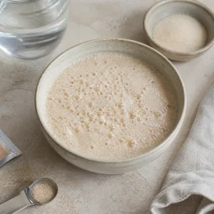Foamy yeast mixture in warm water with sugar