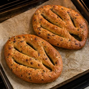 Golden baked olive rosemary fougasse on a parchment lined tray