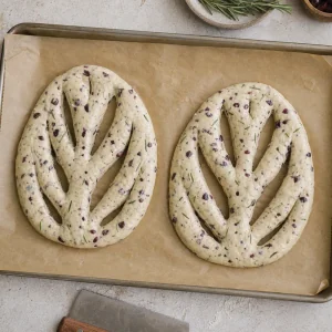 Raw fougasse loaves cut with open leaf pattern slits