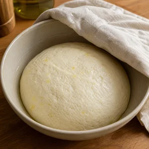 Risen fougasse dough doubled in a greased bowl under a cloth