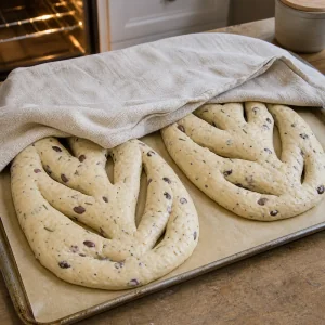 Shaped fougasse loaves covered for a second rise