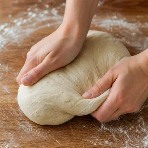 Smooth elastic bread dough kneaded on a floured surface
