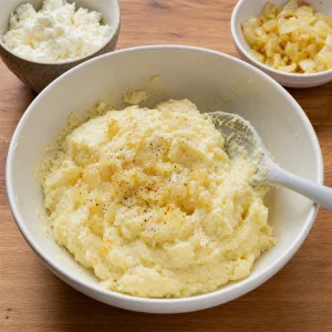 Recheio de batata e queijo misturado com cebola salteada e pimenta