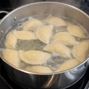 Pierogi a cozer em água salgada até flutuarem à superfície