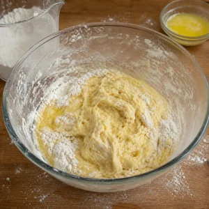 Massa de pierogi a formar-se com ovo natas farinha e manteiga derretida