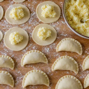 Recheio de batata e queijo em círculos de massa fechado em pierogi de meia-lua