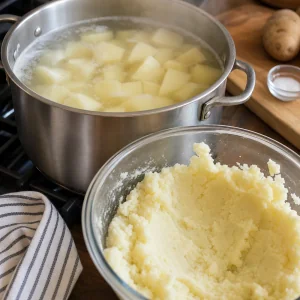 Cubos de batata a cozer ao lado de puré liso para recheio de pierogi
