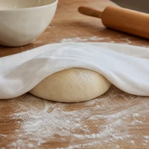 Massa macia de pierogi a descansar sob um pano limpo numa bancada enfarinhada