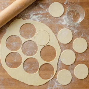 Massa fina de pierogi estendida e cortada em círculos
