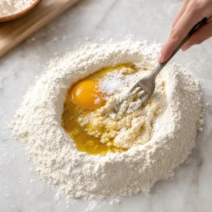 Uova e farina mescolate per preparare pasta fresca